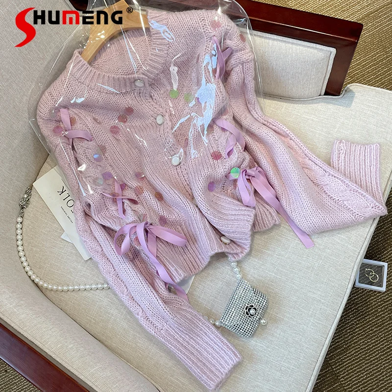 

Purple Pink Sequined Knitted Cashmere Tops 2022 Spring New Chic High-Grade Long Sleeve Raccoon Velvet Sweater Cardigan for Women