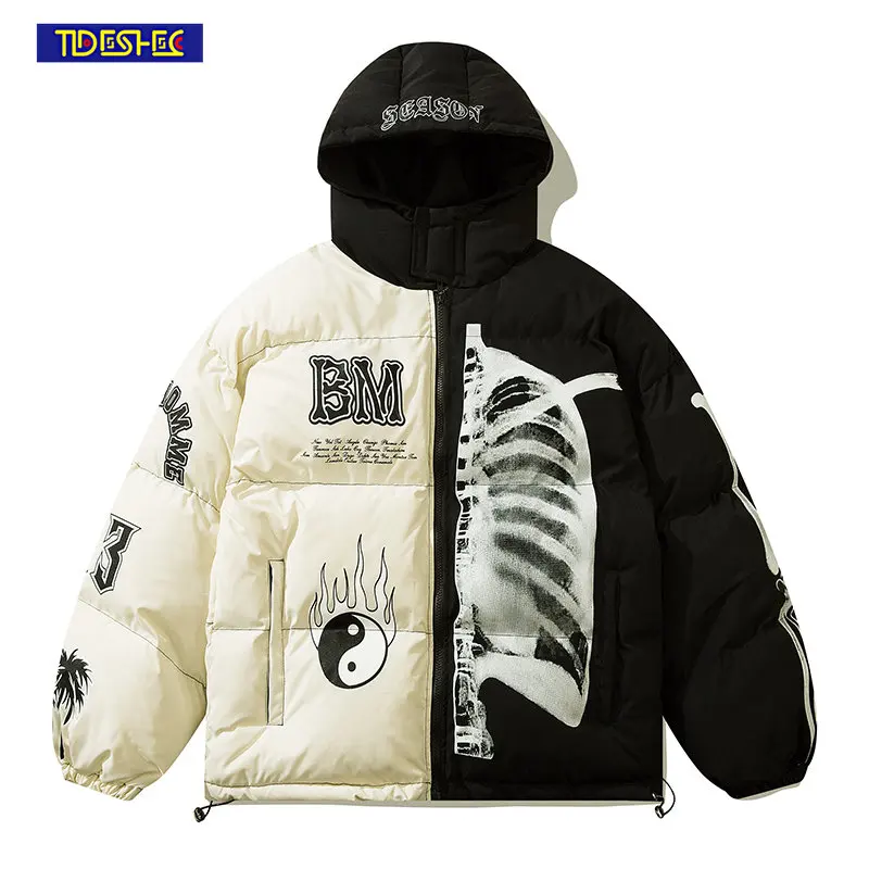 

Винтажная зимняя цветная парка TIDESHEC в стиле пэчворк со скелетом, мужские Модные свободные повседневные куртки на молнии с принтом, Женское ...