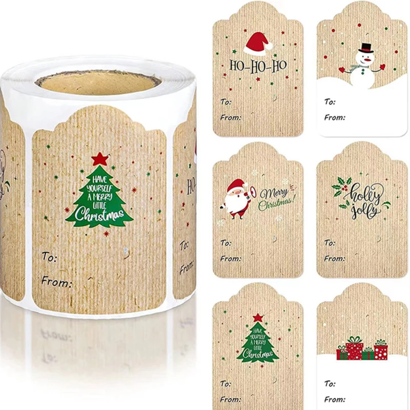 

300pcs 5*7.5cm Merry Christmas Gift tags Sticker Kraft Paper Handwritten Name Christmas Tree Elk Label DIY Party Scrapbook
