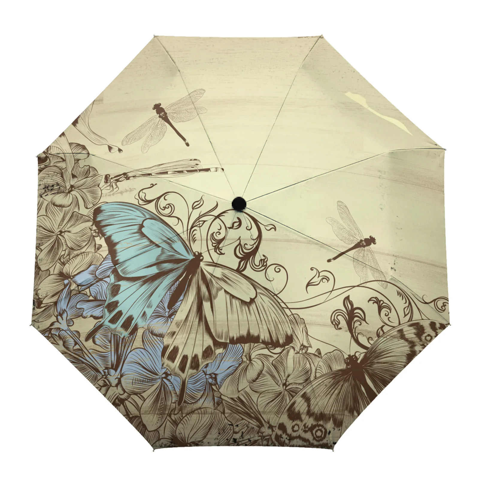 

Wood Grain Plant Butterfly Retro Creative Umbrella Rain Women Automatic Three Folding Umbrellas Windproof Parasol Parapluie