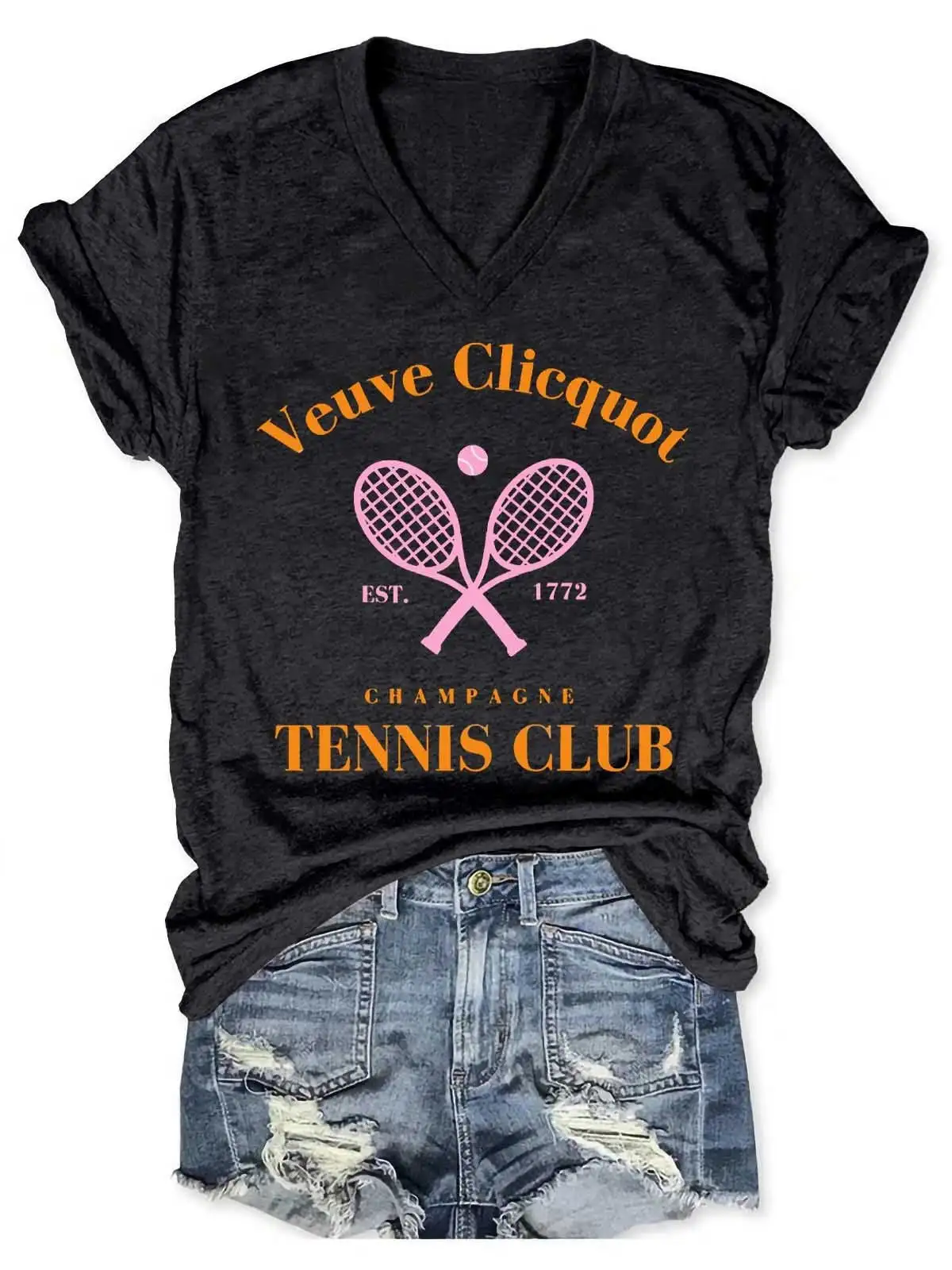 

Lovessales Womens Champagne Tennis Club V-Neck Short Sleeve 100% Cotton T-shirt
