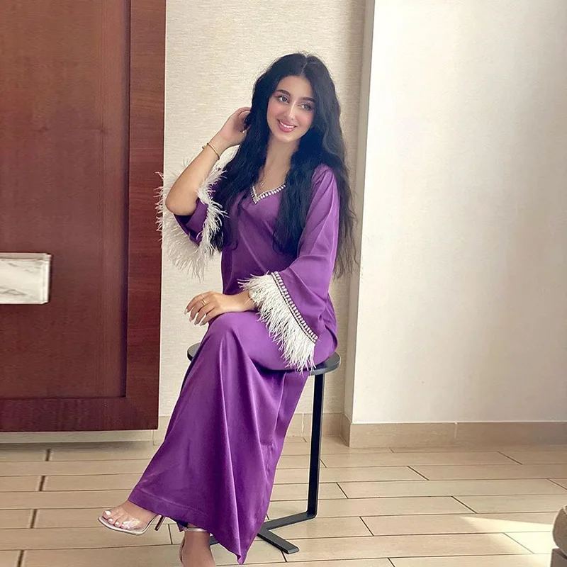 

Eid Satin Maxi Dress for Women Spring 2022 Purple Fashion Feather Lace V Neck Long Sleeve Muslim Arabic Turkish Clothes New