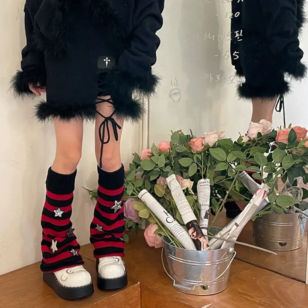 

Harajuku Style Women Autumn Leg Warmers Socks Japanese Gothic Striped Sequins Stars Knitted Long Socks Punk Baggy Foot Covers