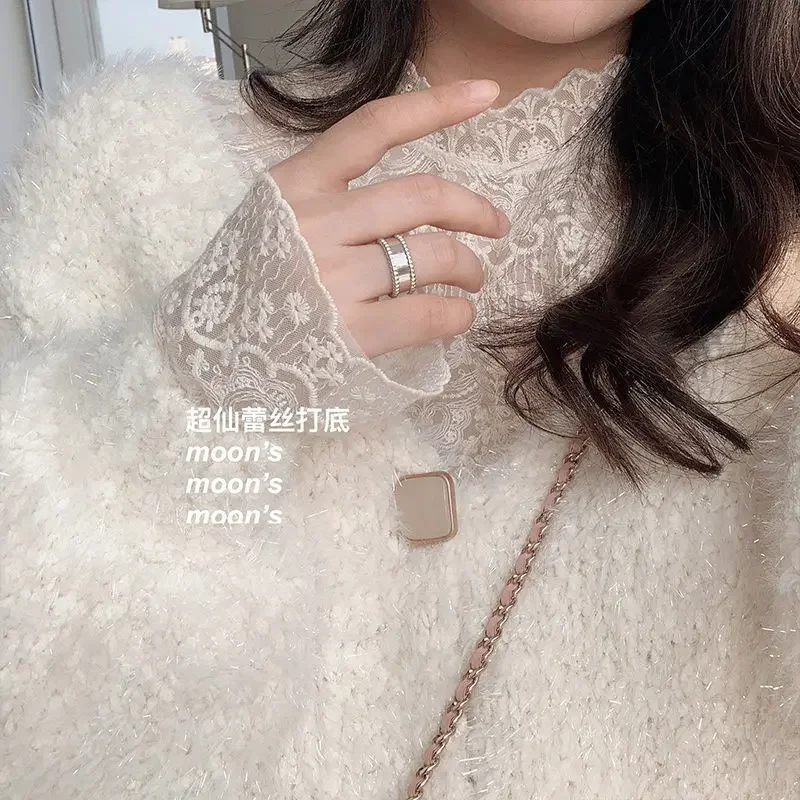 Блузка женская кружевная осенняя рубашка с длинным рукавом и высоким воротником