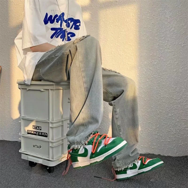 Summer Ripped Blue Jeans Men Fashion Casual Straight Baggy Jeans Men Streetwear Loose Hip Hop Hole Denim Pants Mens Trousers