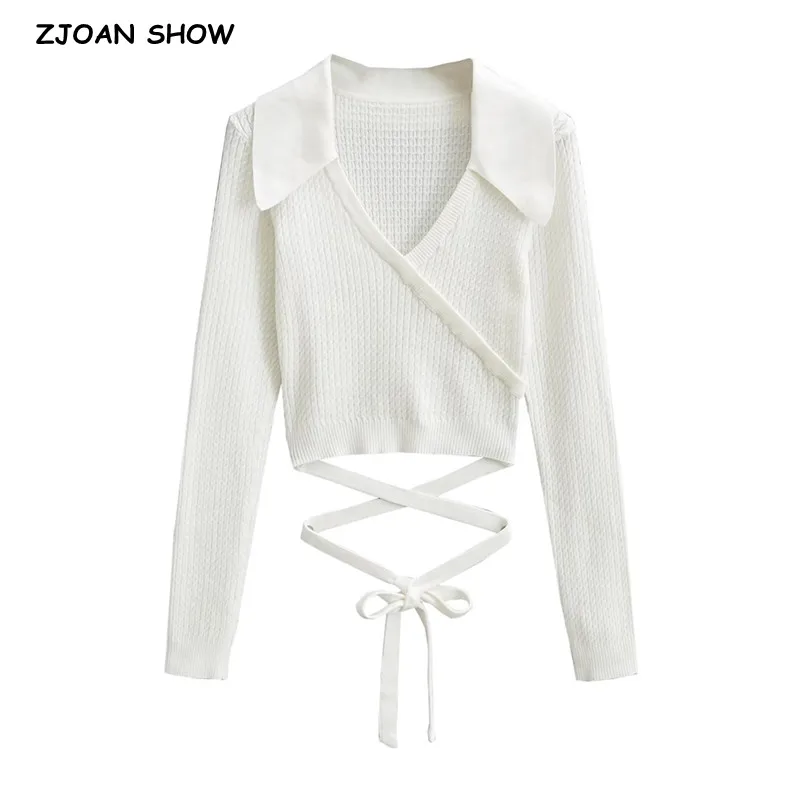 

American Retro Women Lapel Collar Knitting Sweater Bow Lacing Up Bandage Hem Cropped Knitwear Slim Pullover Full Sleeve Jumper
