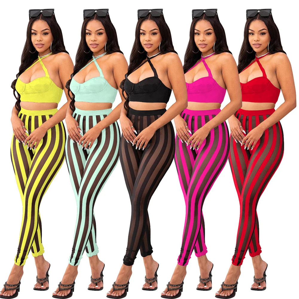 

Summer Two Piece Set Women Halter Hollow Backless Bandage Crop Top Mesh Legging Pants Matching Suit Streetwear Party Club Outfit