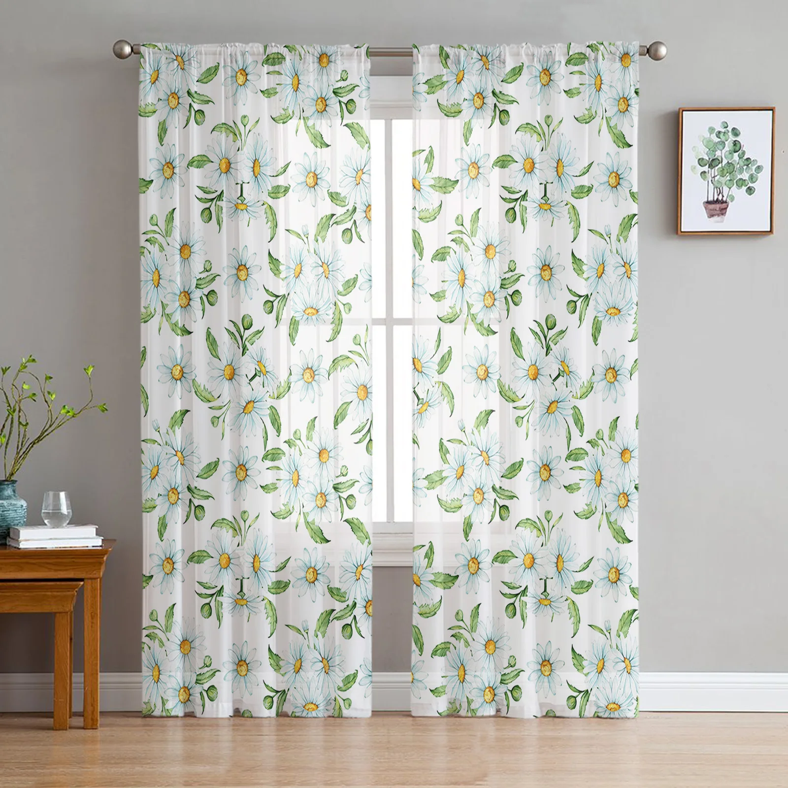 

Spring Flower Daisy Watercolor Texture Sheer Curtains for Living Room Voile Curtain Bedroom Tulle Curtains Window Drapes