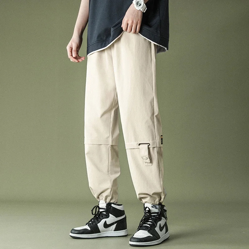 

Thin Section Men Loose Drawstring Trousers Fashion Korean Casual Straight Tooling Pants Student Cotton Men Ankle Length Pants