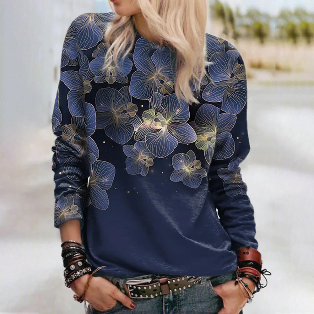 Fashion Flowers Printing Woman T-Shirts Casual O-neck Long Sleeve T-shirt Autumn Cotton Pullover Tops Y2k Clothes For Girls 6XL