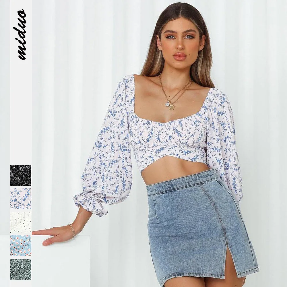 

Women's printed summer fashion collarless Mini two-way wear square neck long sleeve