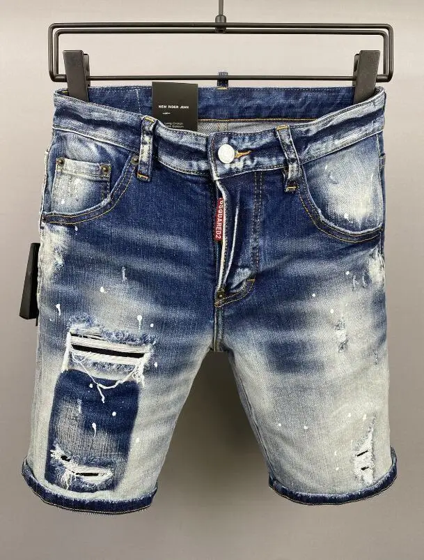 

New Dsquared2 Men's Denim Shorts Fashion Paint Broken Ink Broken Hole Patch Zipper Slim Five-Point Shorts 9815-1