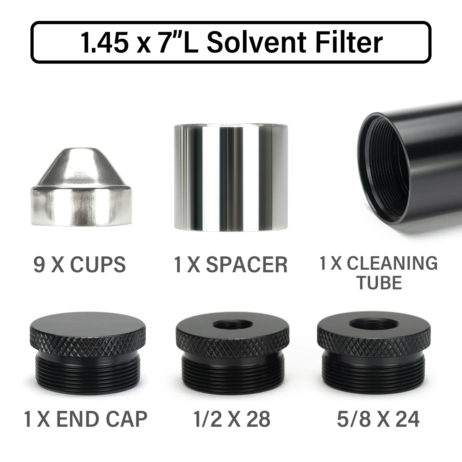 

Алюминиевый фильтр растворителя 7 ''L 1,45'' OD 7075, топливная ловушка 9 шт., конусные чашки из нержавеющей стали с 1/2x28 + 5/8x24 заглушками Napa4003 Wix24003