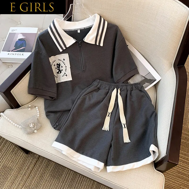 

E GIRLS Fashion Lapel Short Sleeve T-shirt Suit Women Casual Sportswear Summer New Loose Tops Shorts Two Piece Sets Womens Outi