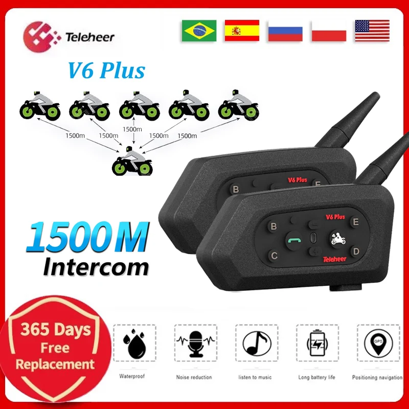 

Teleheer V6 Plus Motorcycle Helmet Intercom Bluetooth Headset For 6 Riders 1500M Interphone Communicator Waterproof