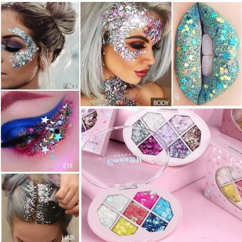 7 Colors Face Glitter Diamond Sequins Eyeshadow Five Pointed Star Fragment Moon Eyeshadow Shimmer Pigment Eyebrow Makeup Palette images - 3