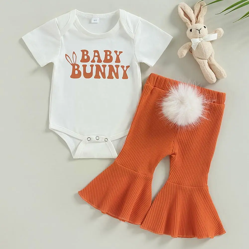 

Baby Girls Letter Short Sleeve Bodysuit Bell Pants Easter Clothes Romper Suit Outfits Kids Infant Toddler Fashion Summer Ca L3L2