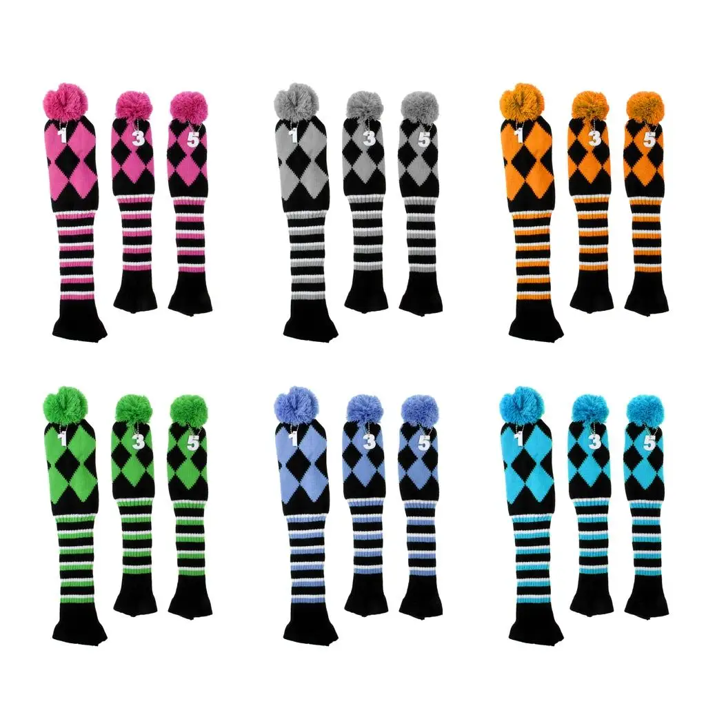 

3pcs Golf Club Knit Head Covers Pom Pom UT Headcover Woods Protective Sleeve