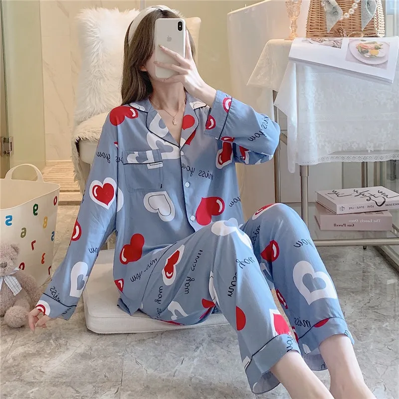 Vicose Pajamas Set Women Spring Autumn Thin Long-sleeved Two-piece Suit Printing Soft Multicolor 2XL Home Clothes Sleepwear