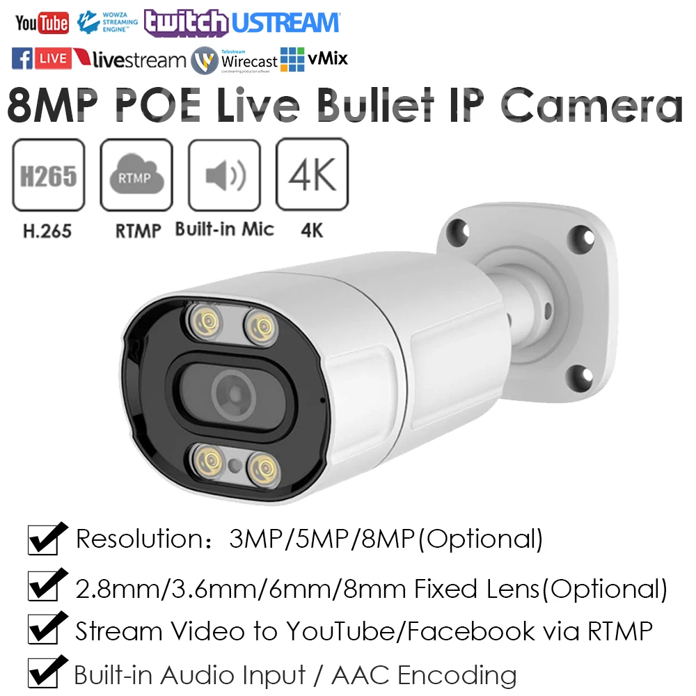4K 8MP IMX415 POE RTMP IP Kamera Volle Farbe IR Dual Licht für Live-Streaming Push-Video Auf YouTube facebook Onvif Indoor Outdoor
