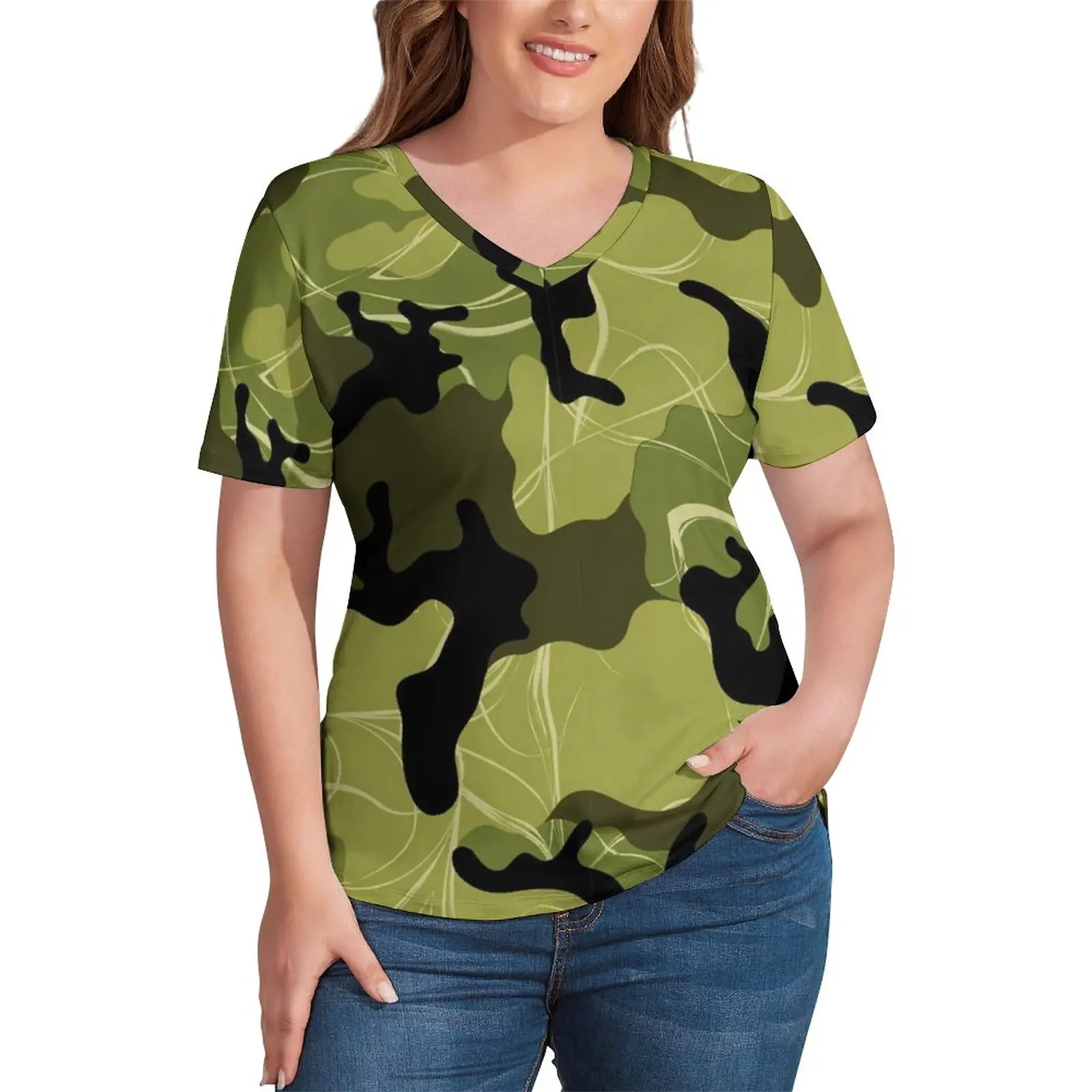 

Colorful Camo T-Shirt Plus Size Cool Hunter Camouflage Vintage T-Shirts Short Sleeve V Neck Basic Tshirt Women Sexy Printed Tops