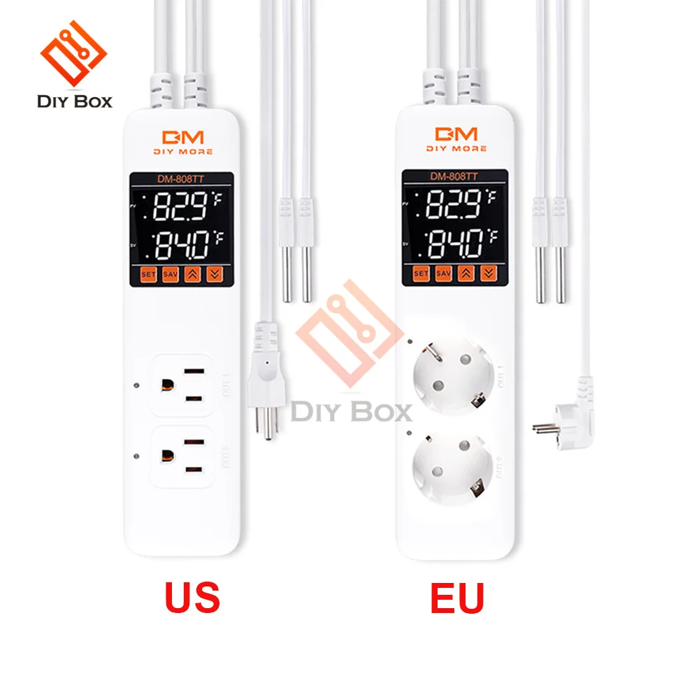 

DM-808TT Digital Dual Temperature Controller Socket Outlet Dual Sensor Heating Cooling 10A 110V 220V Thermostat EU/ US Plug