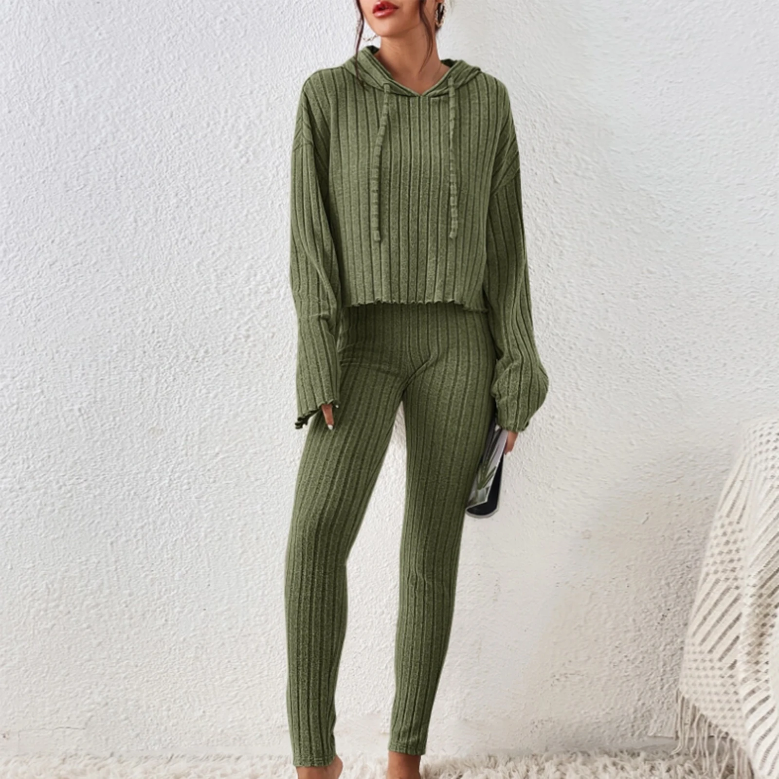 

Women Drawstring Shirts & Trouser Suit Casual Pleated Ribbed Knit Hoodie Pant Set Leisure Pleated Shirts Pant Set Homewear Suits