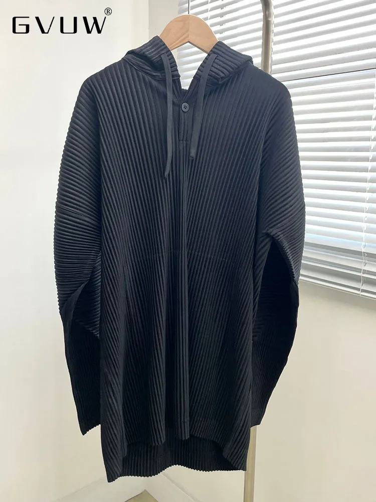 

GVUW Simple Pleated Shirt For Man Hooded Drawstring Long Sleeve Solid Color Loose Casual Clothing Male 2023 Autumn New 17G2399