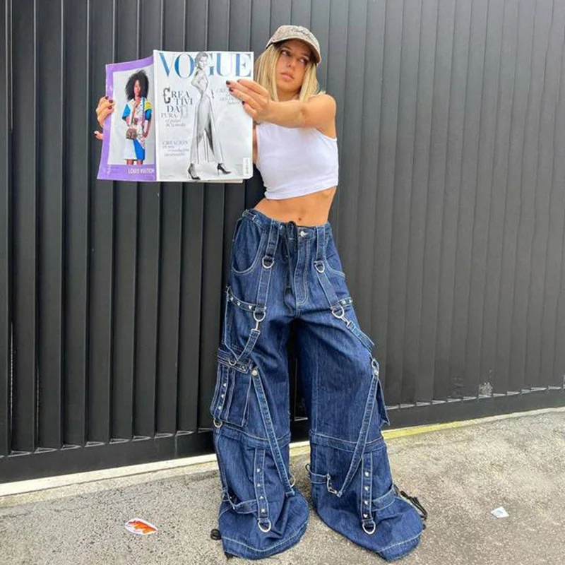 

Heavy industry fried punk style metal buckle ribbon splicing design sense street high waist hot girl loose denim wide leg pants