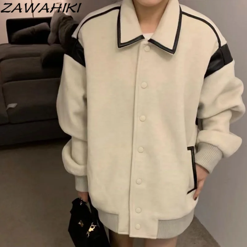 

Y2K White Women's Wool Jacket Harajuku Warm Solid Turndwoen Collar Button-up CoatChic Outwear Pocket Hip Hop Autumn Coats