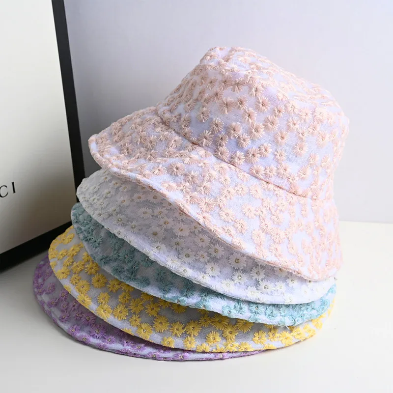 

Fashion Daisy Embroidered Summer Hats for women Buckets Hat Panama Cap Lace Flower Fisherman Caps Beach Hats Stackable Sun Cap