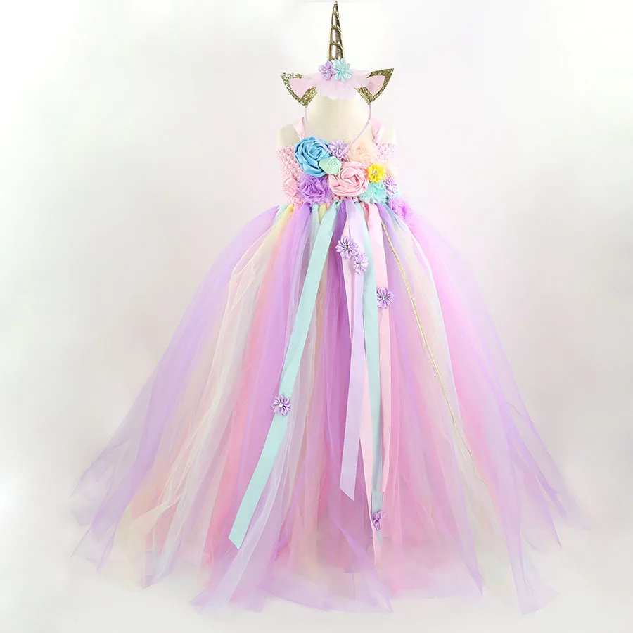 Girls Pastel Unicorn Flower Tutu Dress Kids Crochet Tulle Strap Ball Gown with Daisy Ribbons Children Party Costume |