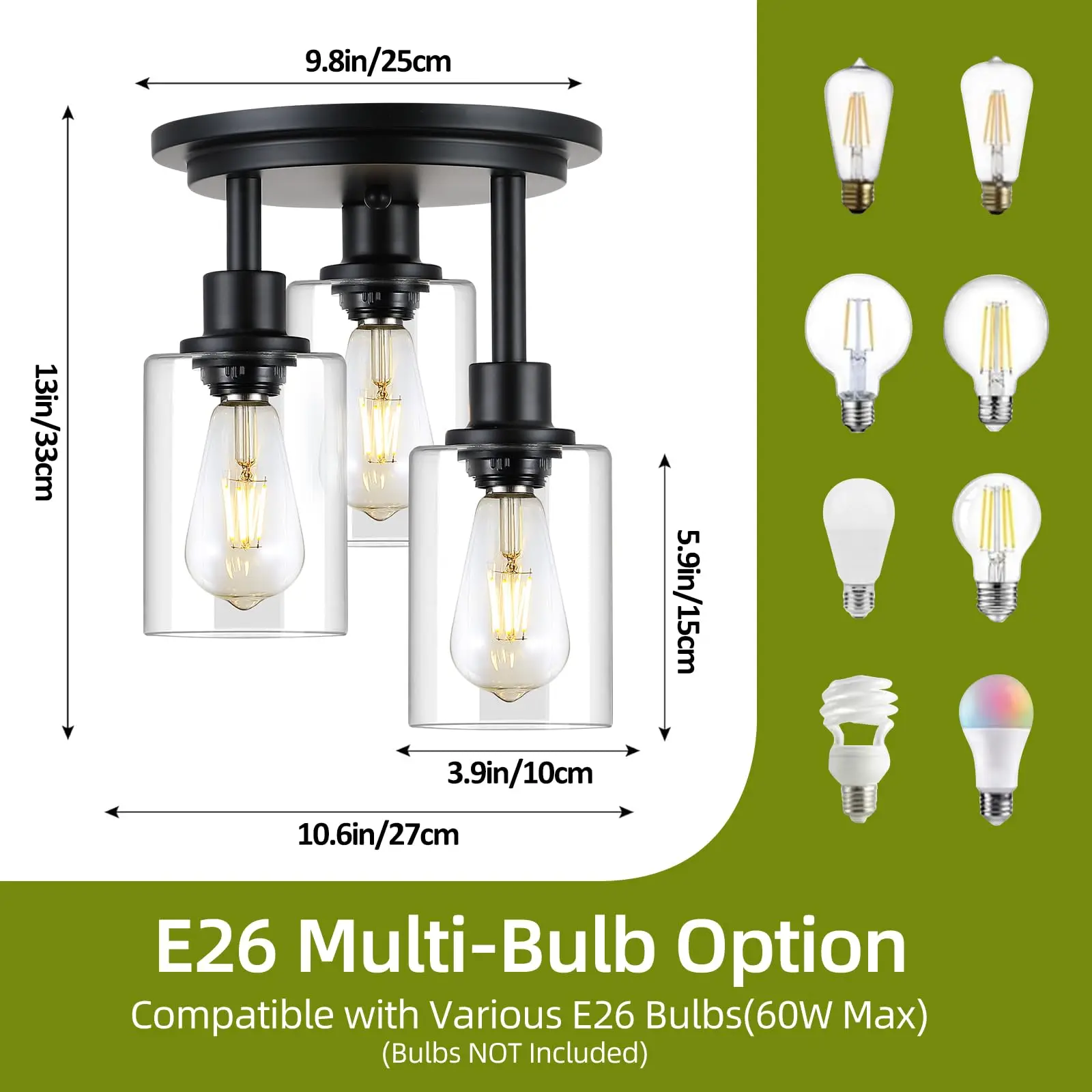 Lampa sufitowa do montażu podtynkowego 3 jasne szklane klosz matowe czarne wykończenie przemysłowa rustykalna oprawa gabinetu