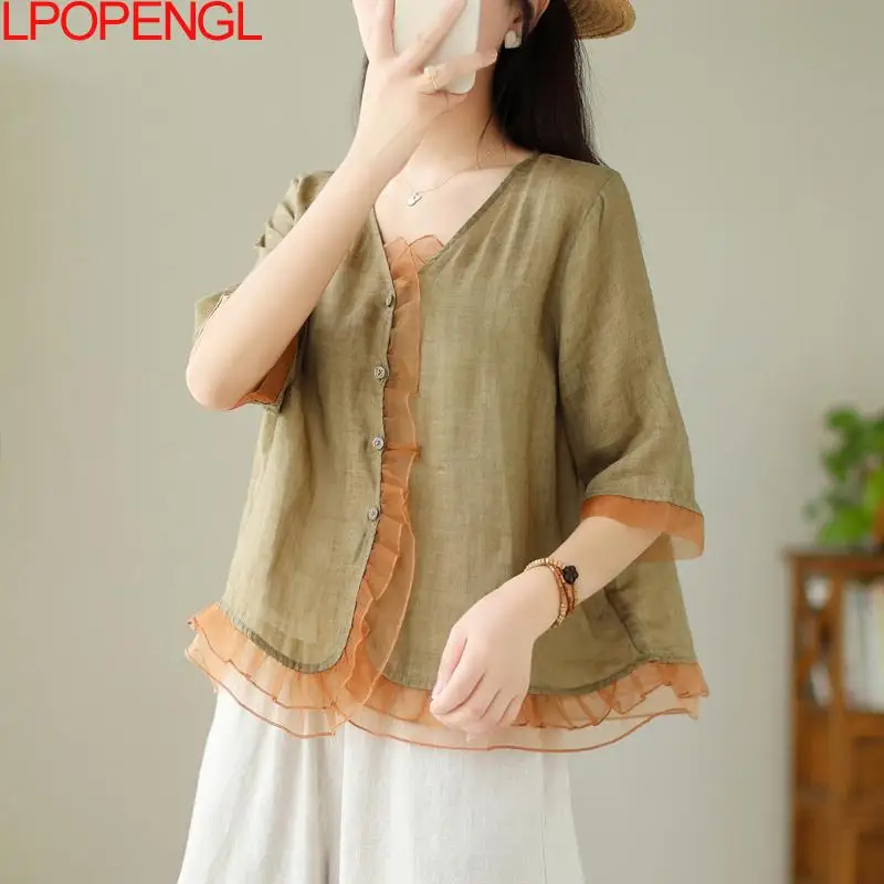 

2023 Summer New Shirt Top Women's Retro Literature And Art Loose all-Match Slim V-neck Temperament Splicing Small Shirt