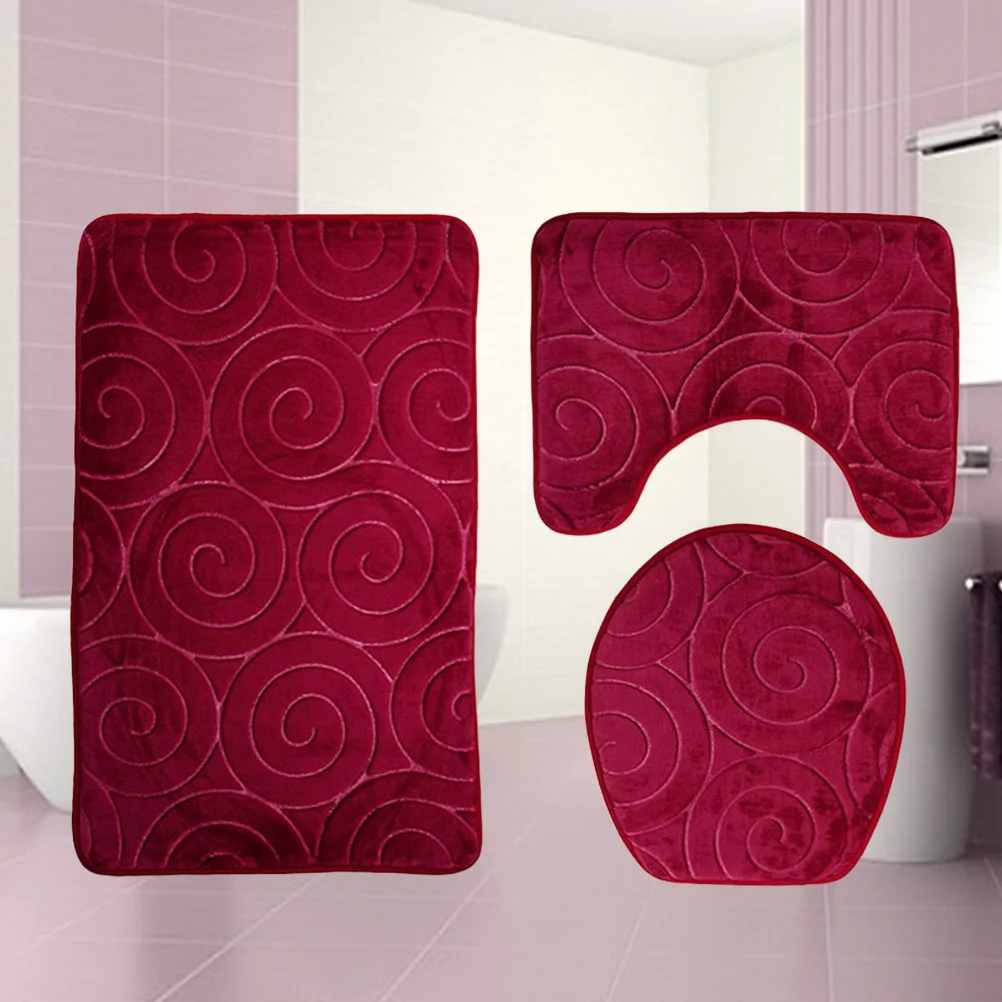 

Three Pieces Bathroom Mat Set Flannel Embossed Circle Nonslip Bath Bathtub U-shape Rug Carpet Toilet Seat Lid Cover (Red)