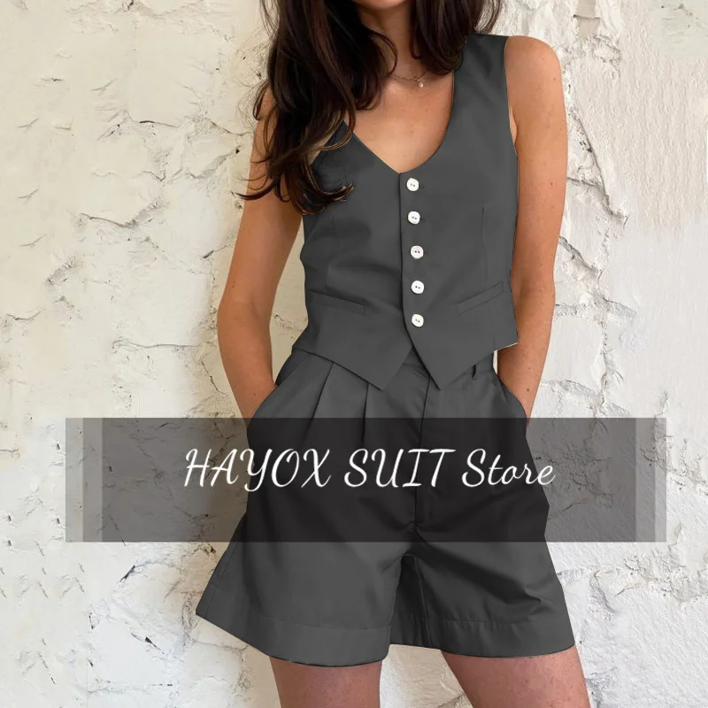 Women's Suit Summer Solid Color 2-Piece Set Fashion Single Breasted V Neck Sleeveless Top Vest With Cool Shorts For Business