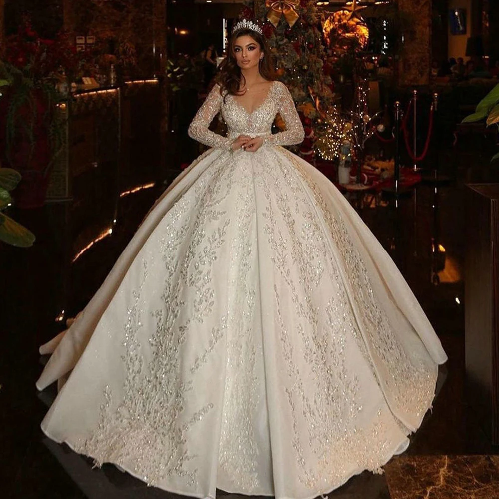

Gelinlik Long Sleeve Shining Wedding Dress Sequined Beading Gorgeous Robe Mariage Illusion Back Vestidos De Novia Bridal Gowns