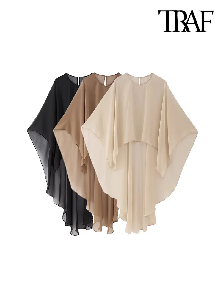 

TRAF Women Fashion Asymmetric Chiffon Semi-sheer Cape Blouses Sexy O Neck Back Button Female Shirts Blusas Chic Tops