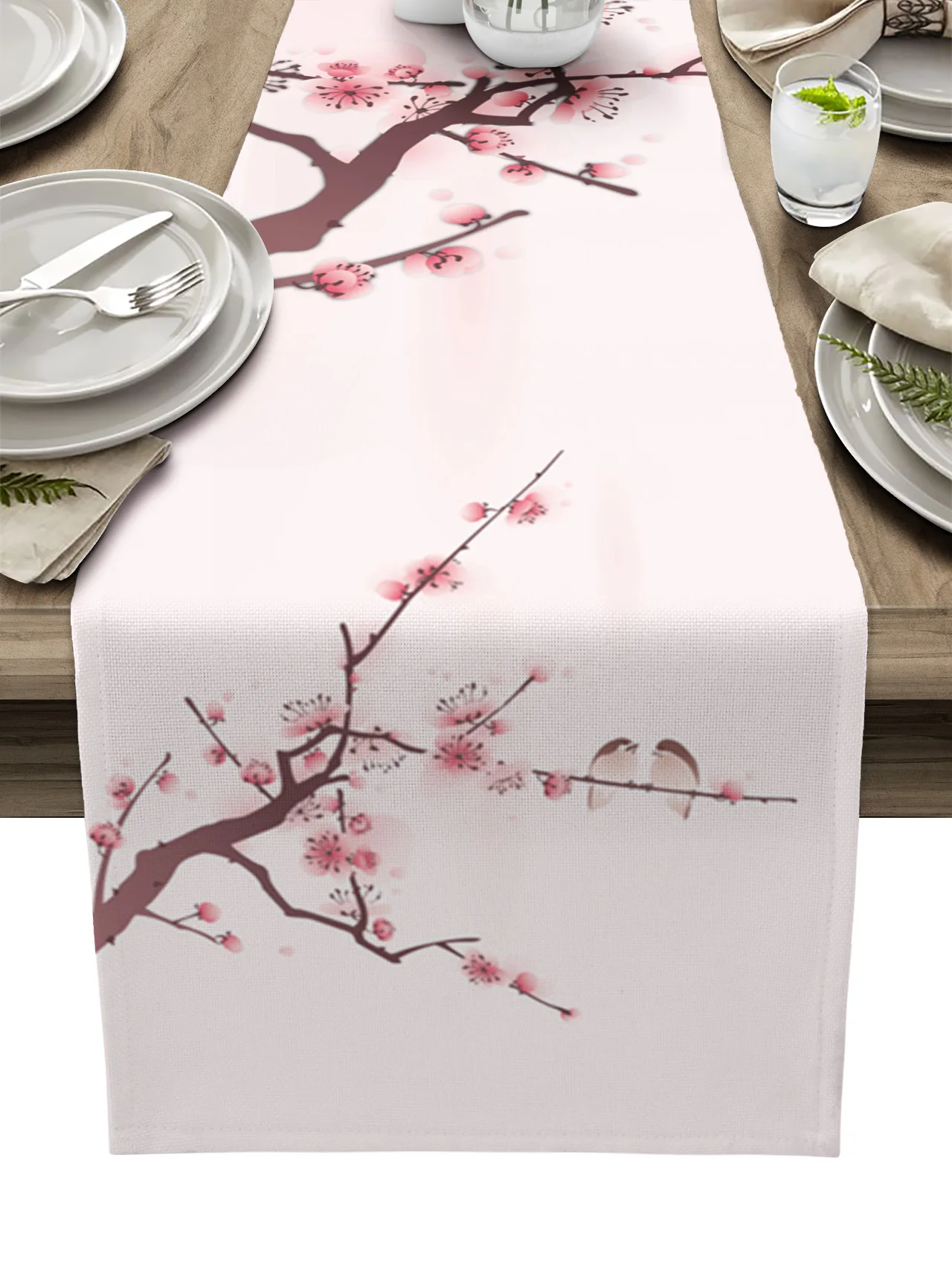 

Pink Flower Cherry Blossom Bird Sparrow Table Runner Kitchen Dining Table Decor Tablecloth Wedding Holiday Decor Table Runner