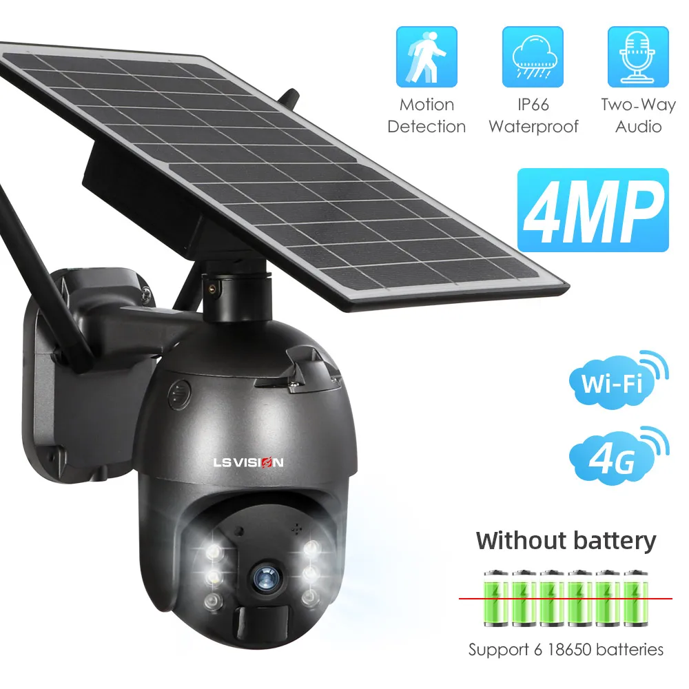 

LS VISION 4MP 8W Solar Powered 4G PTZ Security Camera Wireless Wifi 1080P Outdoor Waterproof PIR Motion Detection CCTV Camera