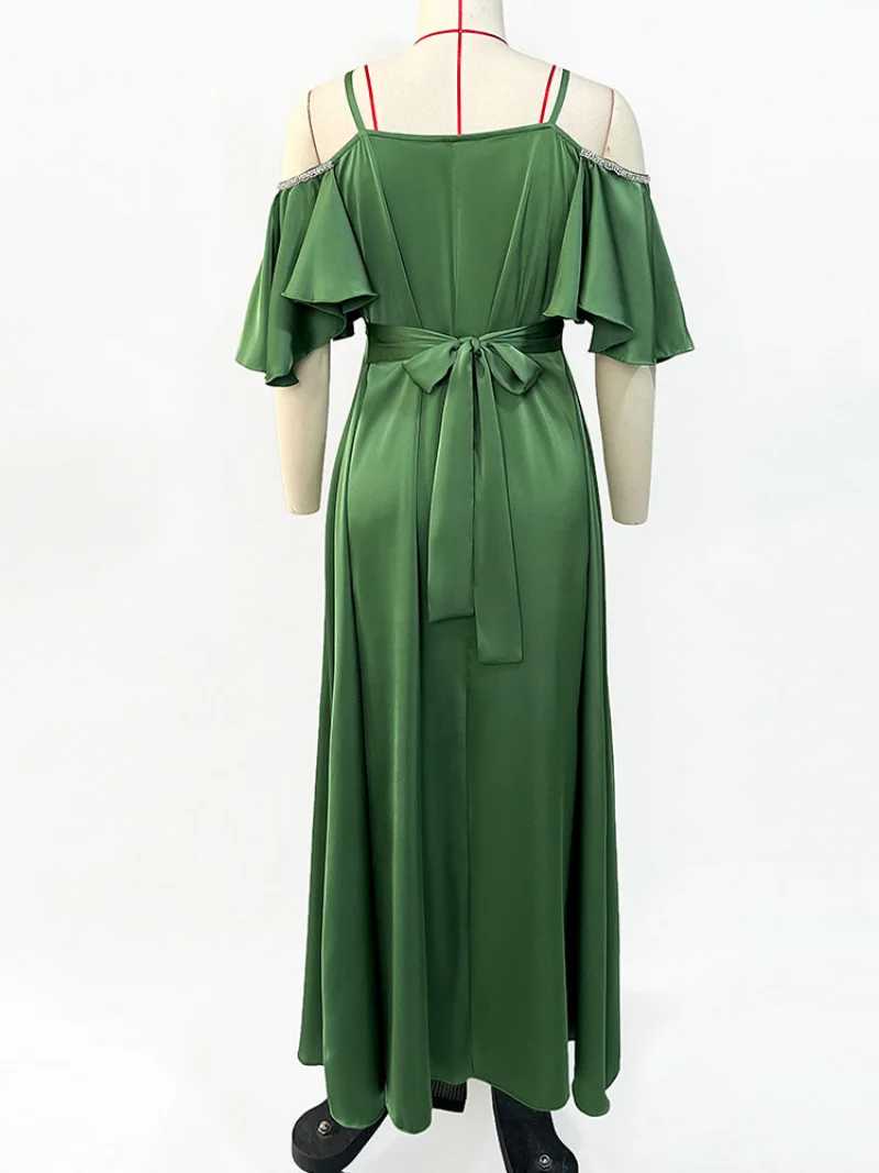 Party Dresses Satin Flowy Rhinestones Embellishments Belted  Moroccan Evening Kaftan for Women Turkish Muslim Long Dress Green