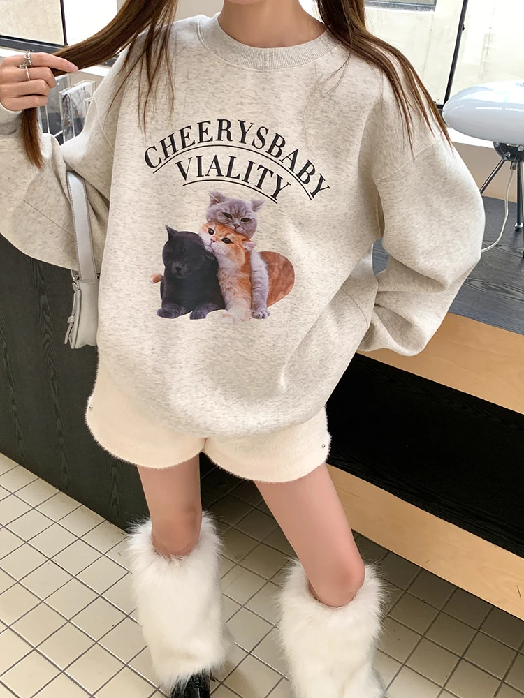 

Cute Cat Print Plush Round Neck Sweatshirts Women's Autumn and Winter New Casual Sports Style Warm Long Sleeve Pullover Female