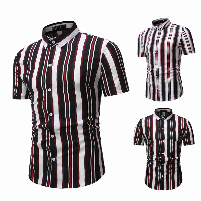 

2022 Fashion Summer New Men's Casual Striped Short Sleeve Button Up Shirts mens fashion clothing trends
