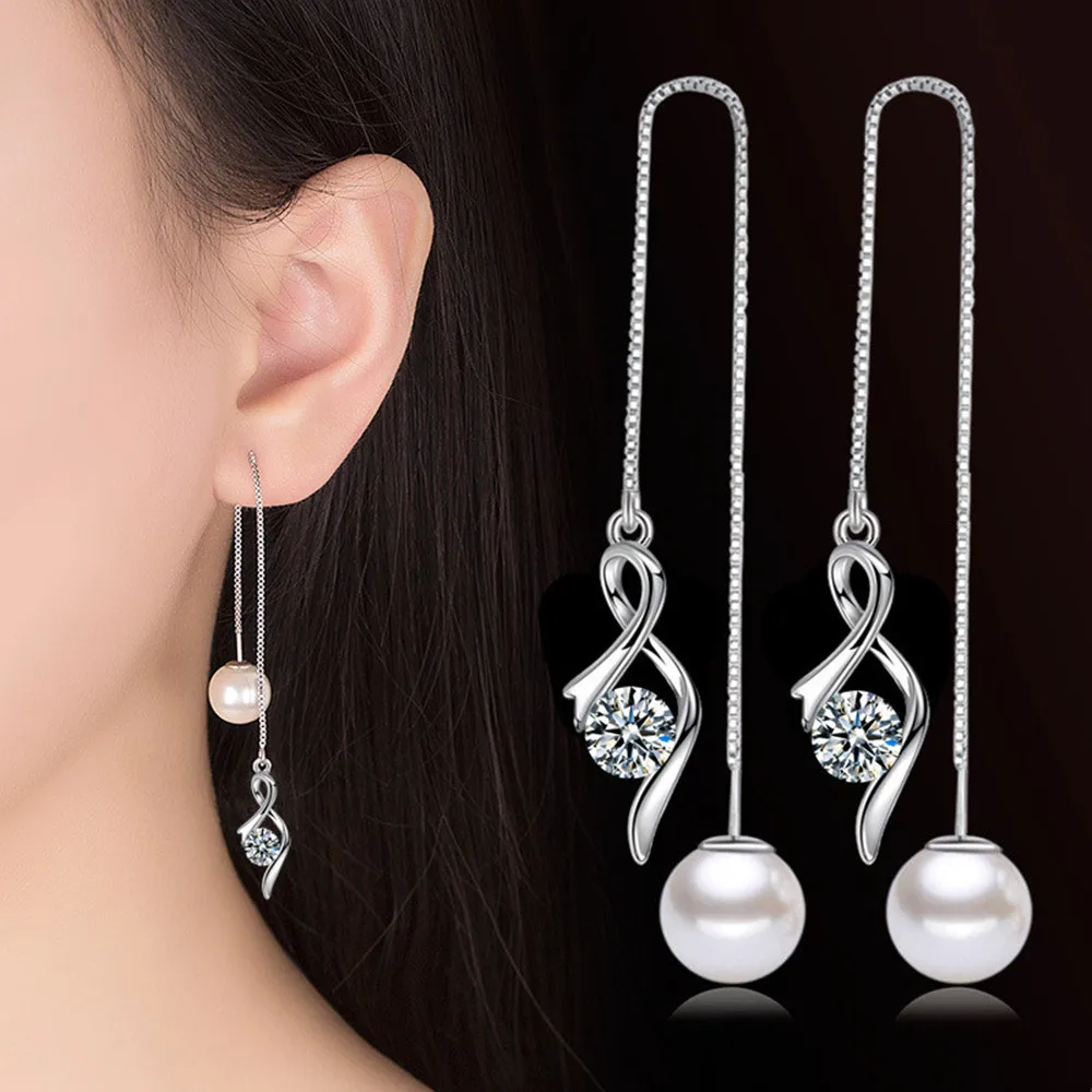 

DAYIN 925 Stamp Silver New Woman Fashion Jewelry Heart Ear Line High Quality Crystal Zircon Pearl Long Tassel Retro Earring