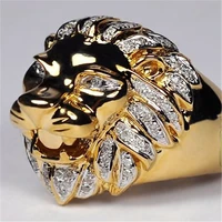 new vintage domineering gold lion head rings for men white cz stone inlay retro punk fashion jewelry noble wedding party gift