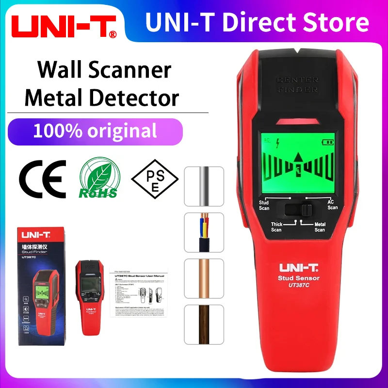 Настенный металлоискатель UNI-T UT387C, металлодетектор, 4 в 1, детектор напряжения переменного тока, для обнаружения дерева, меди, ЖК-дисплей, зум... (art.: 3920bd5fc69a7) - 3920bd5fc69a7