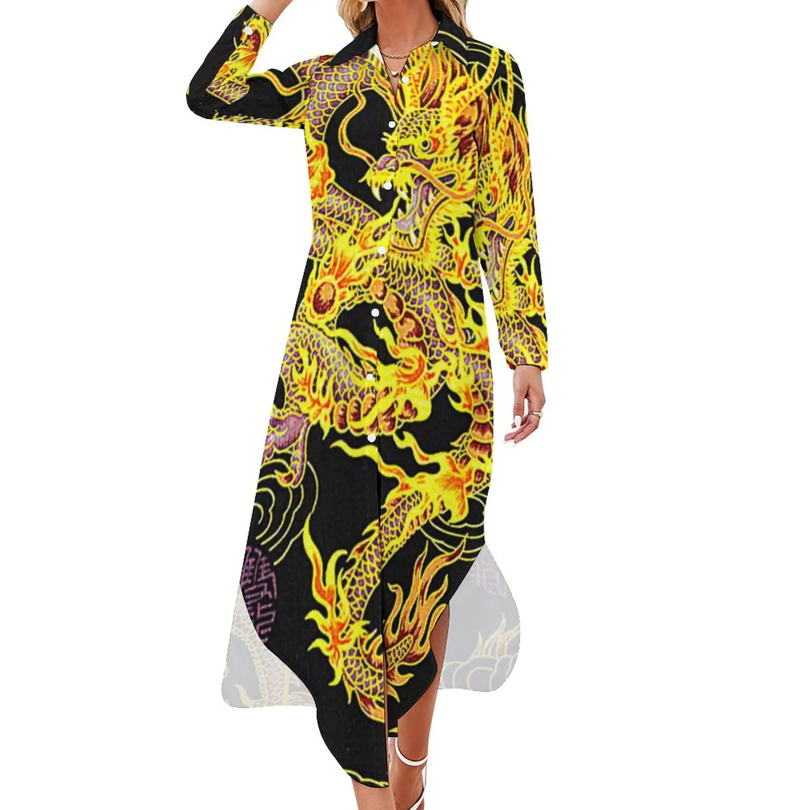 

Popular Chinese Dragon Casual Dress Neo Print Trendy Fashion Dresses Long Sleeve Festival Women V Neck Oversize Chiffon Dress