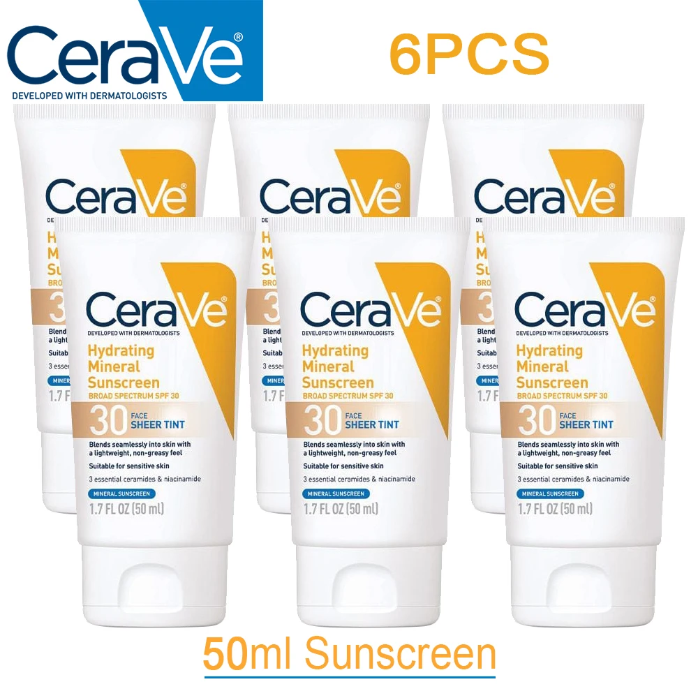 

6PCS 50ML CeraVe Hydrating Mineral SPF30+ Sunscreen Refreshing Oil-Control Moisturizing Isolation Anti UV Facial Sun Protection