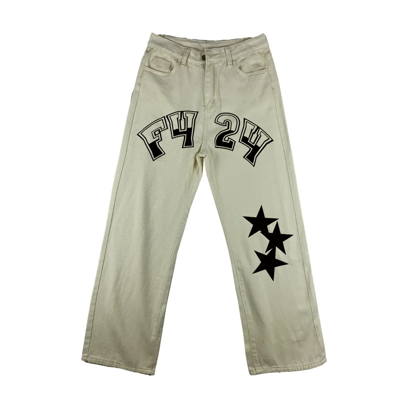 

Jeans Women's Men's High Street Streetwear Hip Hop Vintage Washed Distressed Star Print Denim Trousers Ins Loose Straight Pants