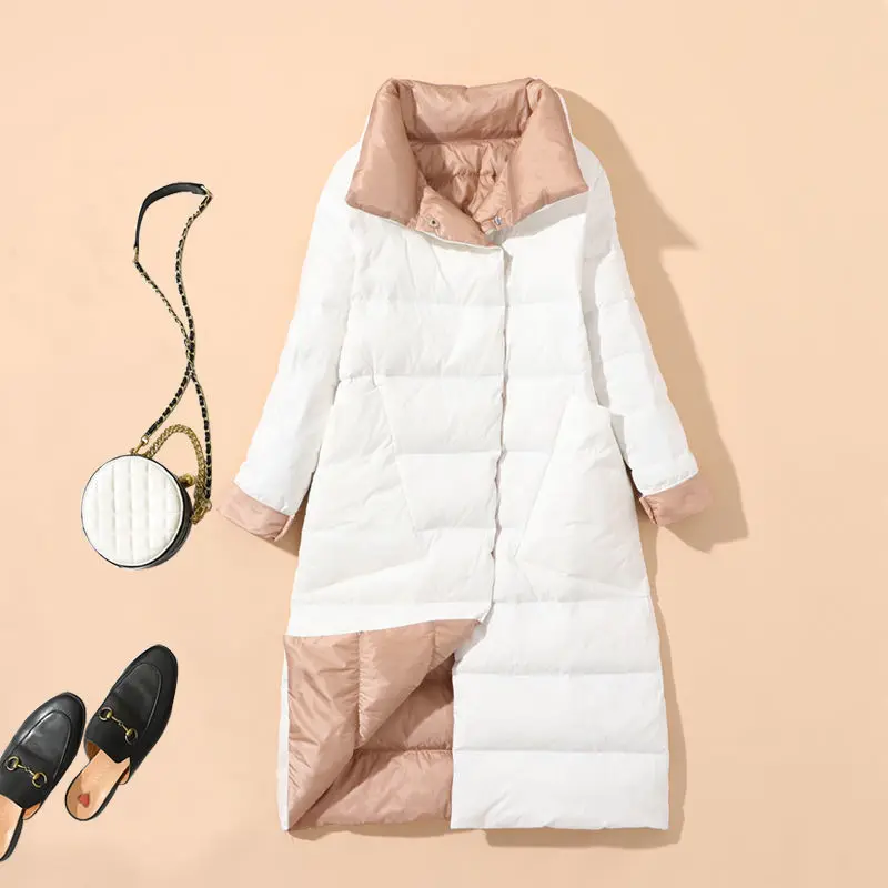 2022 Autumn Winter Women Stand Collar White Duck Down Coat Double Breasted Female Warm Double Sided Down Long Jacket D67